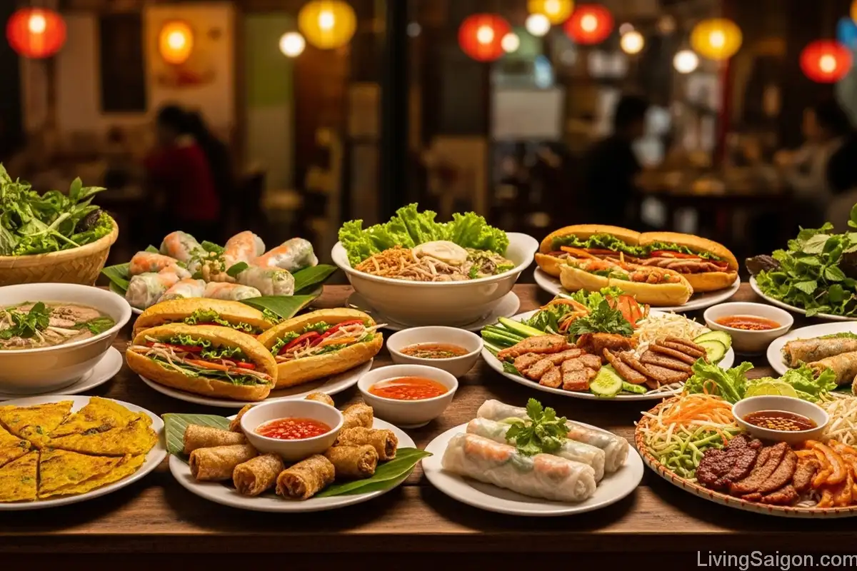 must-try dishes saigon variety of Vietnamese food on table